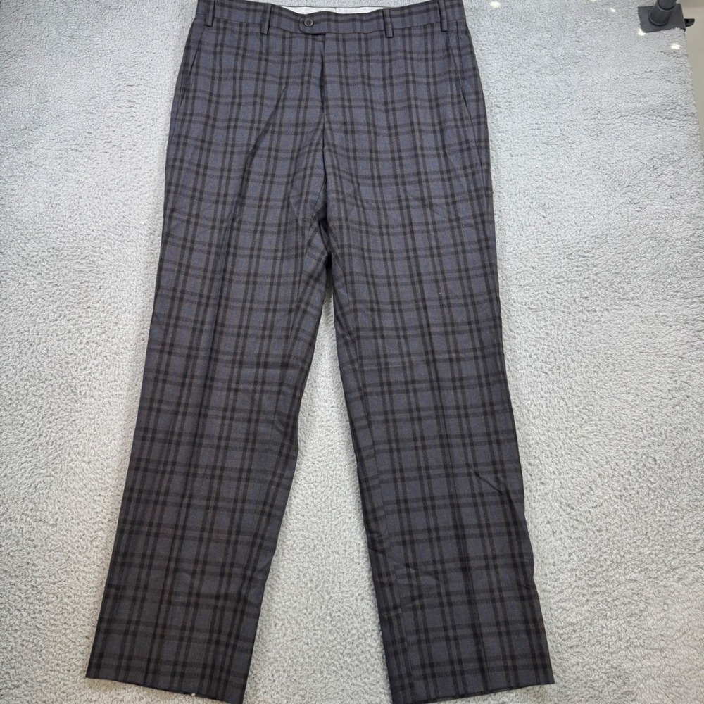 Zanella Devon Men 36x30 Plaid Wool Dress Pants Brown Blue‎ Check Made in Italy